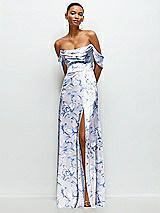 Front View Thumbnail - Magnolia Sky Floral A-Line Satin Maxi Dress with Convertible Off-the-Shoulder or Strapless Looks 