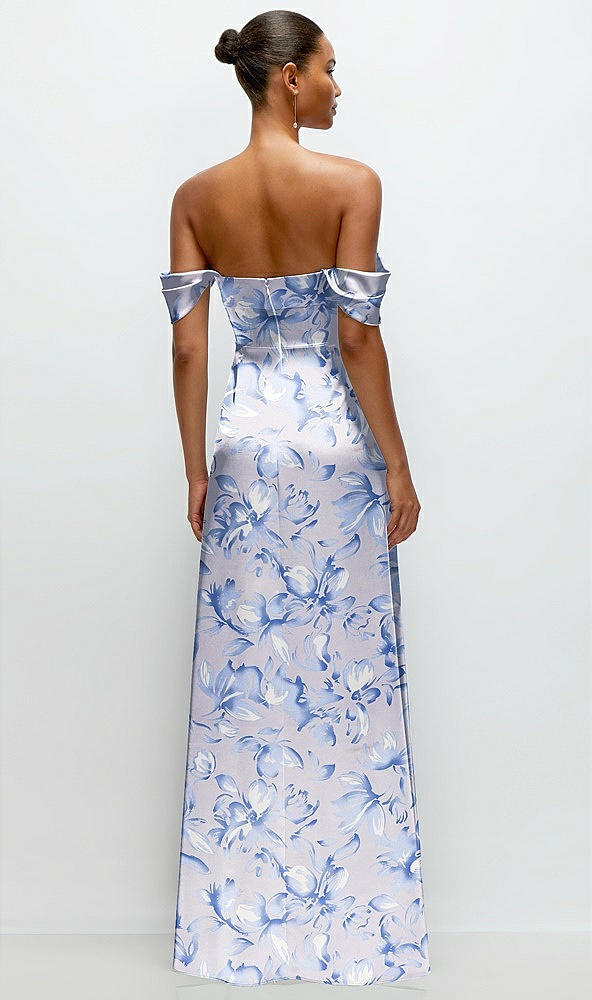 Back View - Magnolia Sky Floral A-Line Satin Maxi Dress with Convertible Off-the-Shoulder or Strapless Looks 