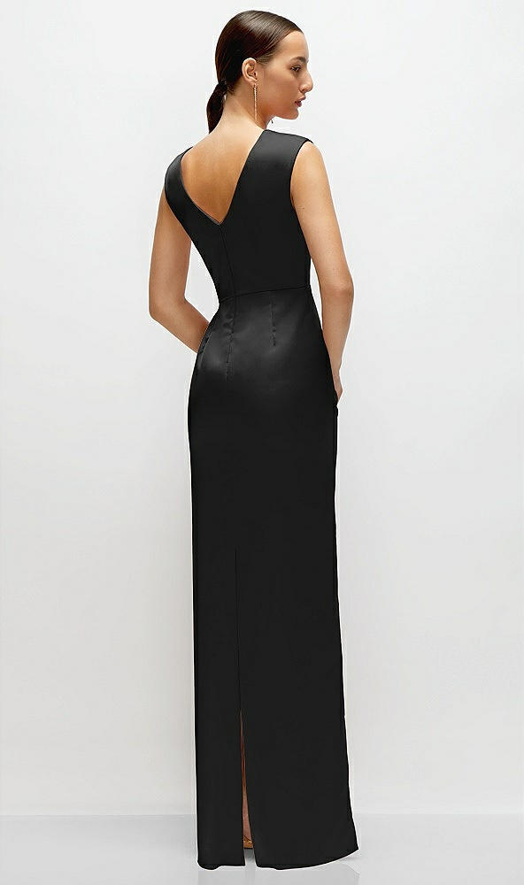 Back View - Black High Neck Sleeveless Cap Shoulder Satin Maxi Dress