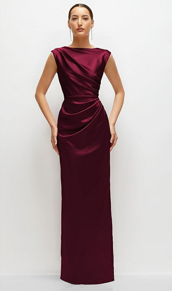 Front View - Cabernet High Neck Sleeveless Cap Shoulder Satin Maxi Dress