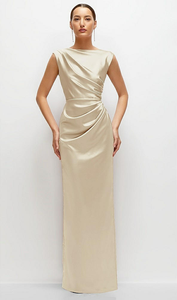 Front View - Champagne High Neck Sleeveless Cap Shoulder Satin Maxi Dress