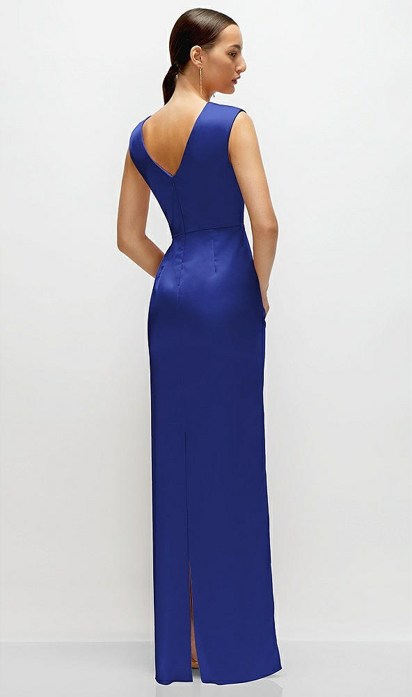 Back View - Cobalt Blue High Neck Sleeveless Cap Shoulder Satin Maxi Dress