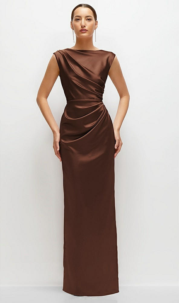 Front View - Cognac High Neck Sleeveless Cap Shoulder Satin Maxi Dress