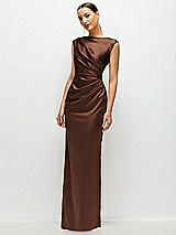 Side View Thumbnail - Cognac High Neck Sleeveless Cap Shoulder Satin Maxi Dress