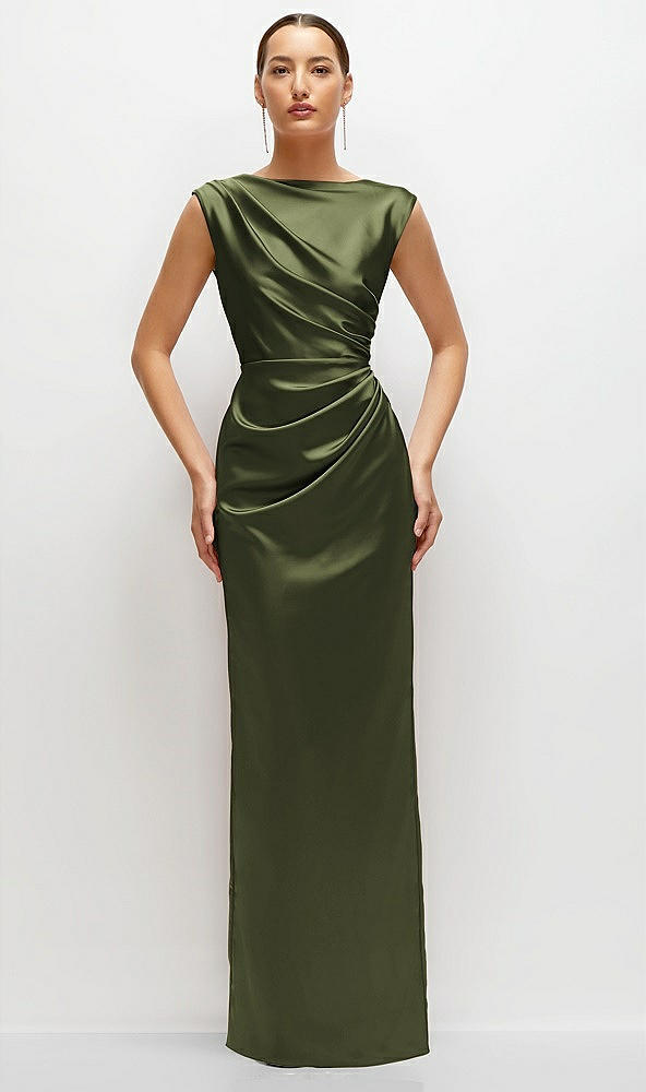 Front View - Olive Green High Neck Sleeveless Cap Shoulder Satin Maxi Dress