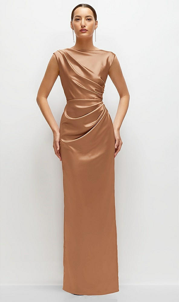 Front View - Toffee High Neck Sleeveless Cap Shoulder Satin Maxi Dress