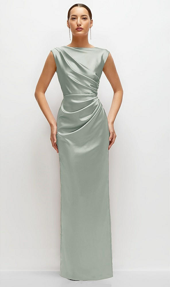 Front View - Willow Green High Neck Sleeveless Cap Shoulder Satin Maxi Dress