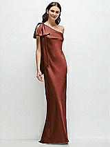 Front View Thumbnail - Auburn Moon One-Shoulder Bias-Cut Satin Maxi Dress with Cascading Shoulder Bow