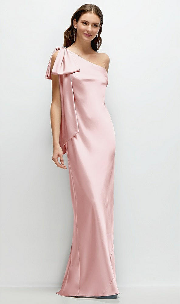 Front View - Ballet Pink One-Shoulder Bias-Cut Satin Maxi Dress with Cascading Shoulder Bow