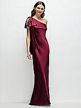 Front View Thumbnail - Cabernet One-Shoulder Bias-Cut Satin Maxi Dress with Cascading Shoulder Bow