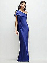 Front View Thumbnail - Cobalt Blue One-Shoulder Bias-Cut Satin Maxi Dress with Cascading Shoulder Bow