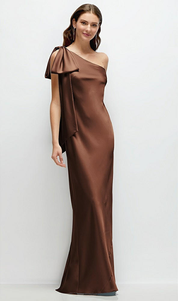 Front View - Cognac One-Shoulder Bias-Cut Satin Maxi Dress with Cascading Shoulder Bow