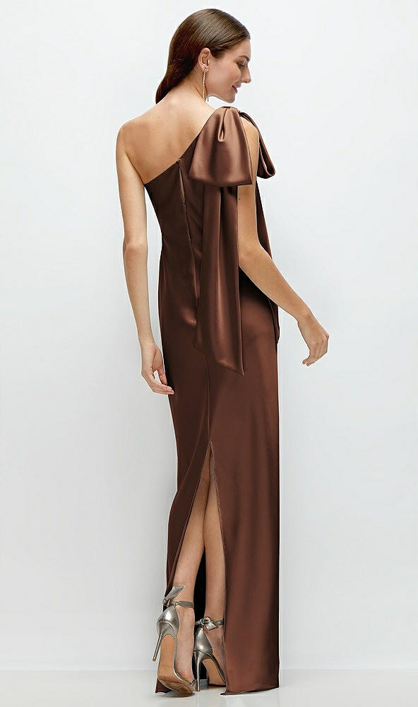 Back View - Cognac One-Shoulder Bias-Cut Satin Maxi Dress with Cascading Shoulder Bow