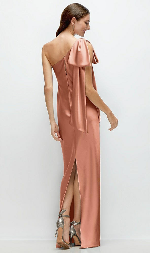 Back View - Copper Penny One-Shoulder Bias-Cut Satin Maxi Dress with Cascading Shoulder Bow