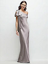 Front View Thumbnail - Cashmere Gray One-Shoulder Bias-Cut Satin Maxi Dress with Cascading Shoulder Bow