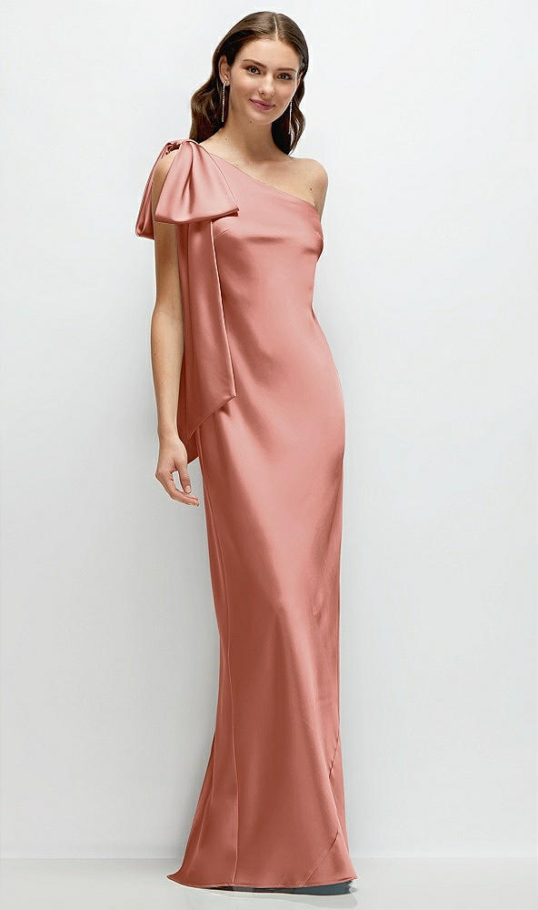 Front View - Desert Rose One-Shoulder Bias-Cut Satin Maxi Dress with Cascading Shoulder Bow