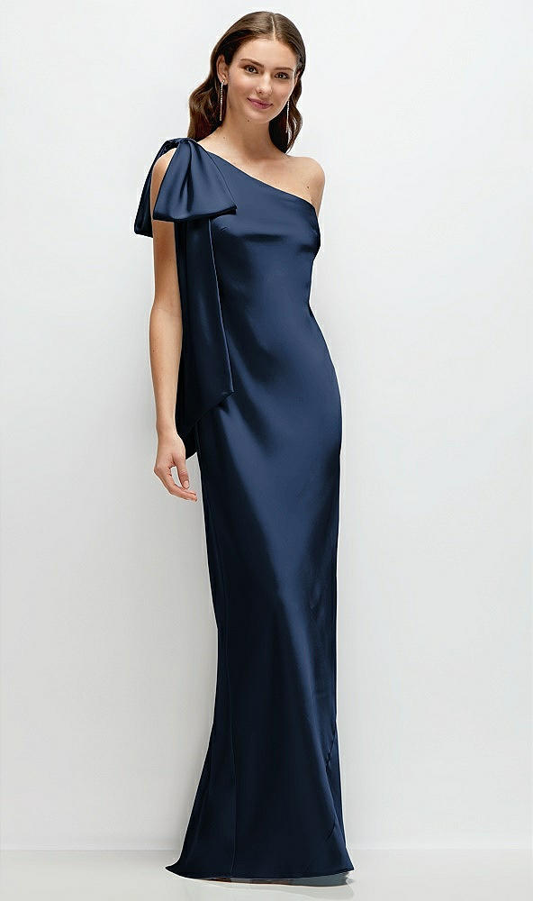 Front View - Midnight Navy One-Shoulder Bias-Cut Satin Maxi Dress with Cascading Shoulder Bow