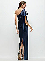 Rear View Thumbnail - Midnight Navy One-Shoulder Bias-Cut Satin Maxi Dress with Cascading Shoulder Bow