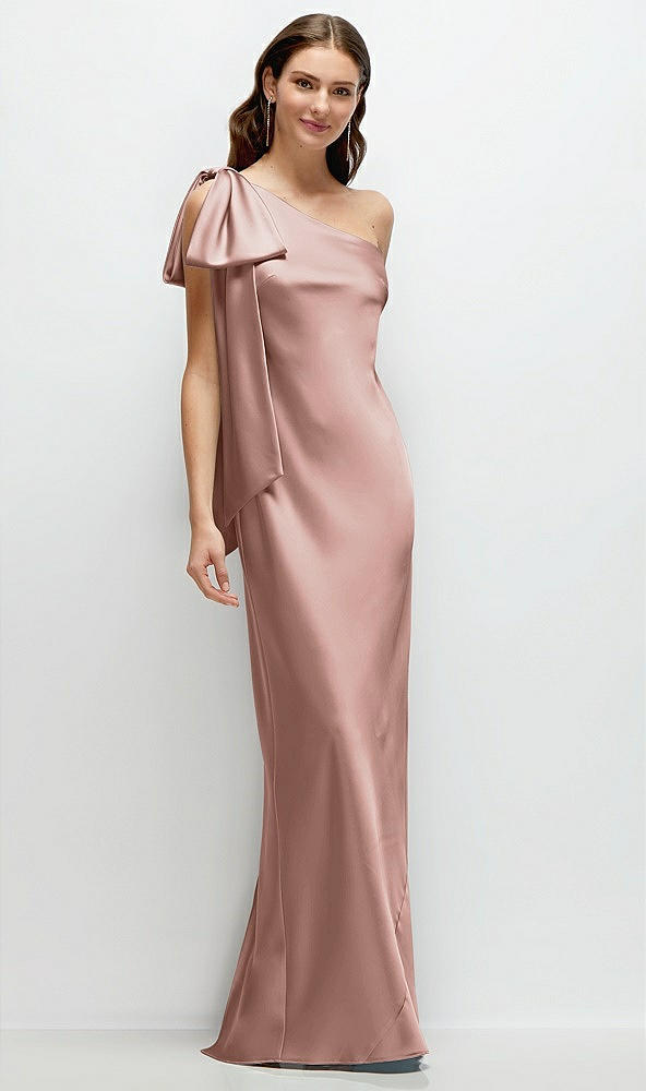 Front View - Neu Nude One-Shoulder Bias-Cut Satin Maxi Dress with Cascading Shoulder Bow