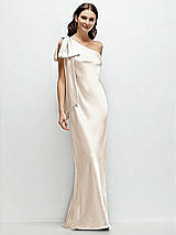 Front View Thumbnail - Oat One-Shoulder Bias-Cut Satin Maxi Dress with Cascading Shoulder Bow