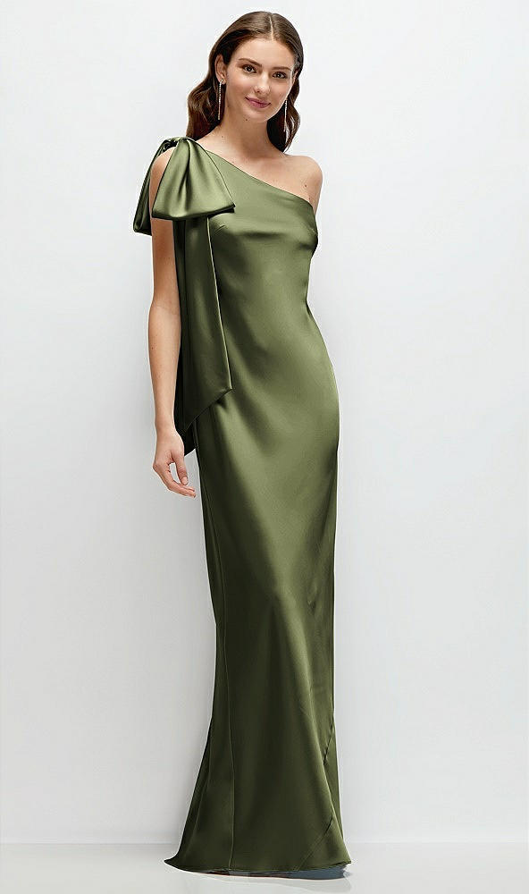 Front View - Olive Green One-Shoulder Bias-Cut Satin Maxi Dress with Cascading Shoulder Bow