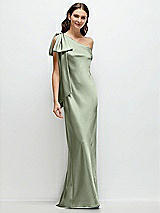 Front View Thumbnail - Sage One-Shoulder Bias-Cut Satin Maxi Dress with Cascading Shoulder Bow