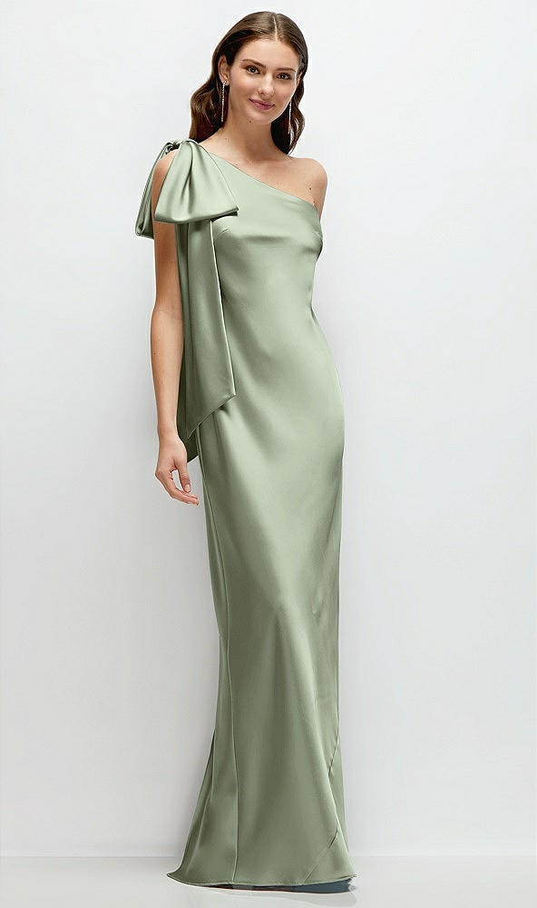 Front View - Sage One-Shoulder Bias-Cut Satin Maxi Dress with Cascading Shoulder Bow