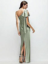 Rear View Thumbnail - Sage One-Shoulder Bias-Cut Satin Maxi Dress with Cascading Shoulder Bow