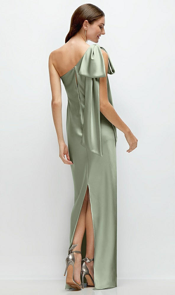 Back View - Sage One-Shoulder Bias-Cut Satin Maxi Dress with Cascading Shoulder Bow