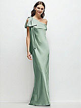 Front View Thumbnail - Seagrass One-Shoulder Bias-Cut Satin Maxi Dress with Cascading Shoulder Bow