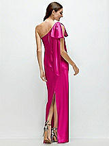 Rear View Thumbnail - Think Pink One-Shoulder Bias-Cut Satin Maxi Dress with Cascading Shoulder Bow