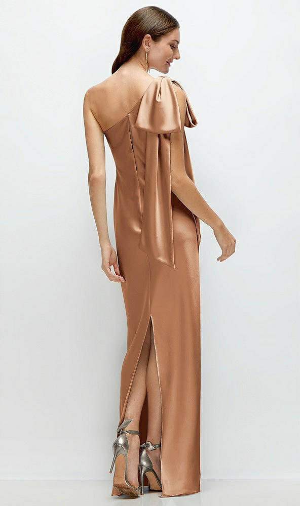 Back View - Toffee One-Shoulder Bias-Cut Satin Maxi Dress with Cascading Shoulder Bow