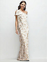 Front View Thumbnail - Golden Hour One-Shoulder Bias-Cut Floral Satin Maxi Dress with Cascading Shoulder Bow