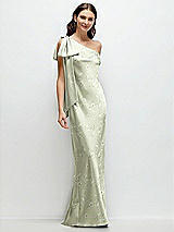 Front View Thumbnail - Vintage Primrose Celadon One-Shoulder Bias-Cut Floral Satin Maxi Dress with Cascading Shoulder Bow