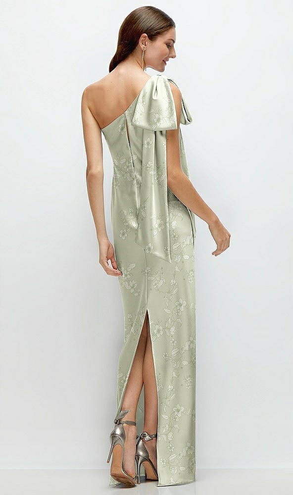 Back View - Vintage Primrose Celadon One-Shoulder Bias-Cut Floral Satin Maxi Dress with Cascading Shoulder Bow