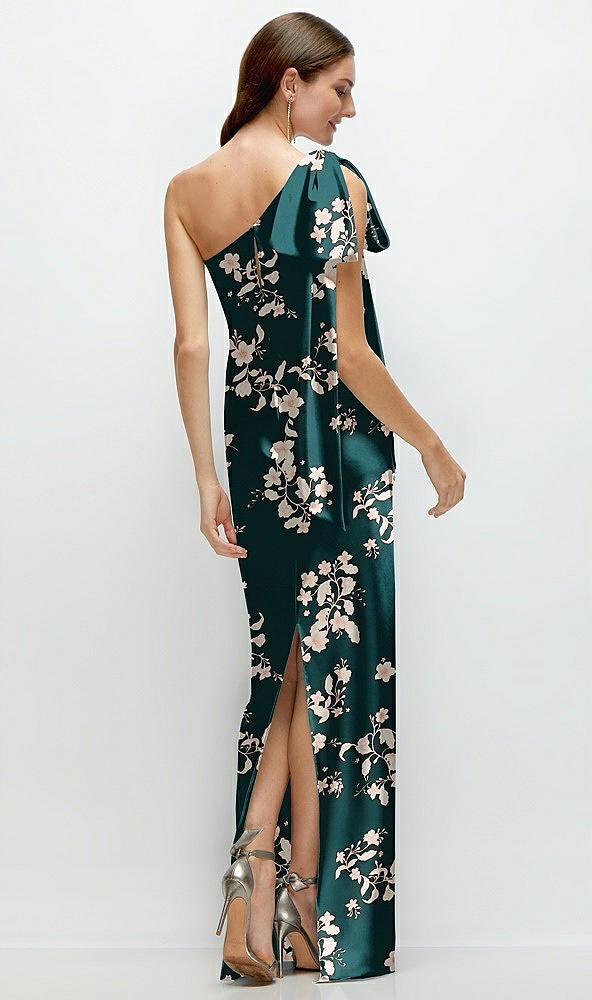 Back View - Vintage Primrose Evergreen One-Shoulder Bias-Cut Floral Satin Maxi Dress with Cascading Shoulder Bow