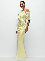 Side View Thumbnail - Butter Yellow Asymmetrical Off-the-Shoulder Pleated Satin Maxi Dress