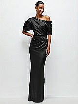 Front View Thumbnail - Black Asymmetrical Off-the-Shoulder Pleated Satin Maxi Dress