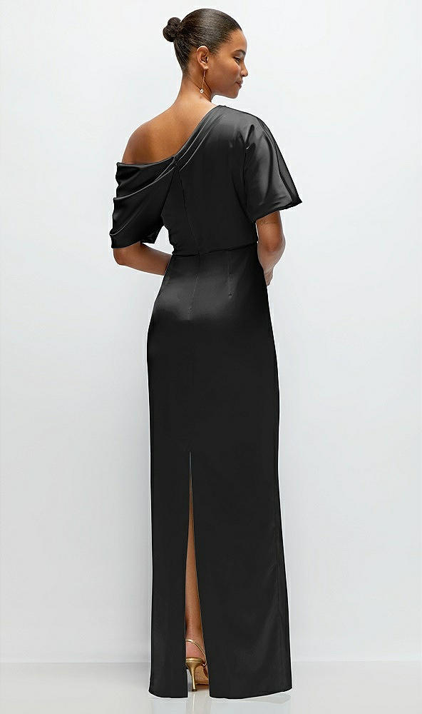 Back View - Black Asymmetrical Off-the-Shoulder Pleated Satin Maxi Dress