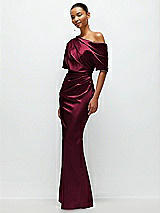 Side View Thumbnail - Cabernet Asymmetrical Off-the-Shoulder Pleated Satin Maxi Dress