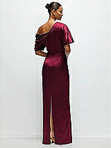 Rear View Thumbnail - Cabernet Asymmetrical Off-the-Shoulder Pleated Satin Maxi Dress