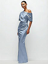 Side View Thumbnail - Cloudy Asymmetrical Off-the-Shoulder Pleated Satin Maxi Dress