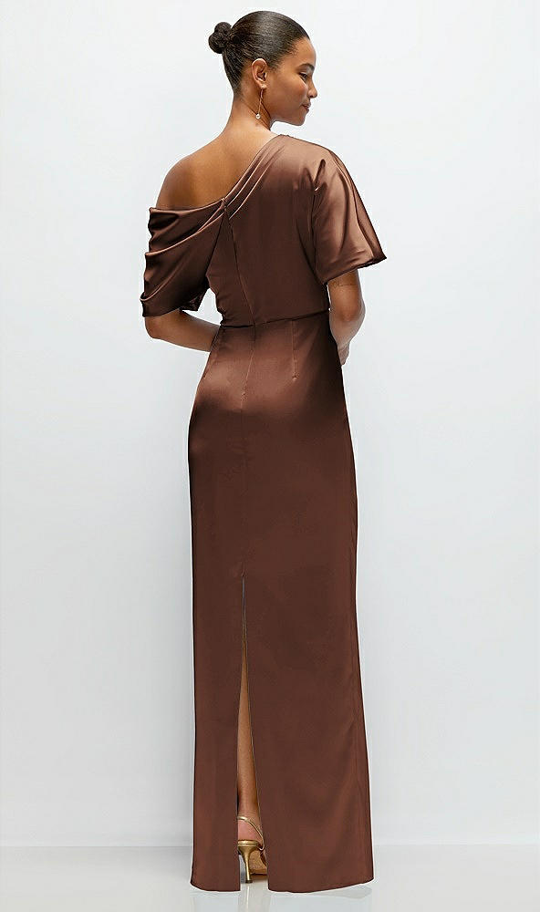 Back View - Cognac Asymmetrical Off-the-Shoulder Pleated Satin Maxi Dress