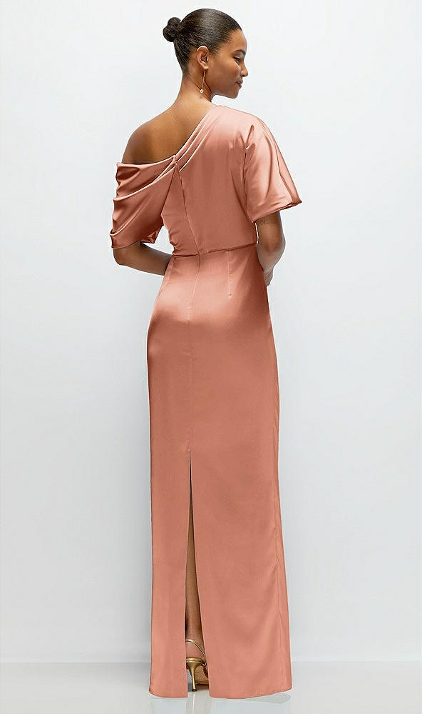 Back View - Copper Penny Asymmetrical Off-the-Shoulder Pleated Satin Maxi Dress