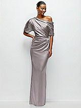 Front View Thumbnail - Cashmere Gray Asymmetrical Off-the-Shoulder Pleated Satin Maxi Dress