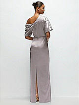 Rear View Thumbnail - Cashmere Gray Asymmetrical Off-the-Shoulder Pleated Satin Maxi Dress