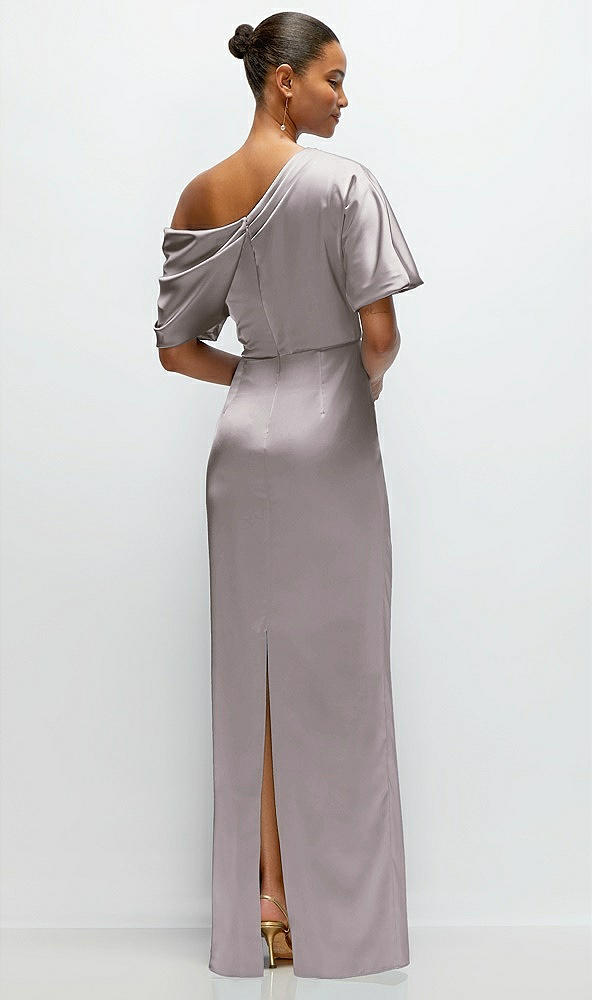 Back View - Cashmere Gray Asymmetrical Off-the-Shoulder Pleated Satin Maxi Dress