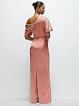 Rear View Thumbnail - Desert Rose Asymmetrical Off-the-Shoulder Pleated Satin Maxi Dress