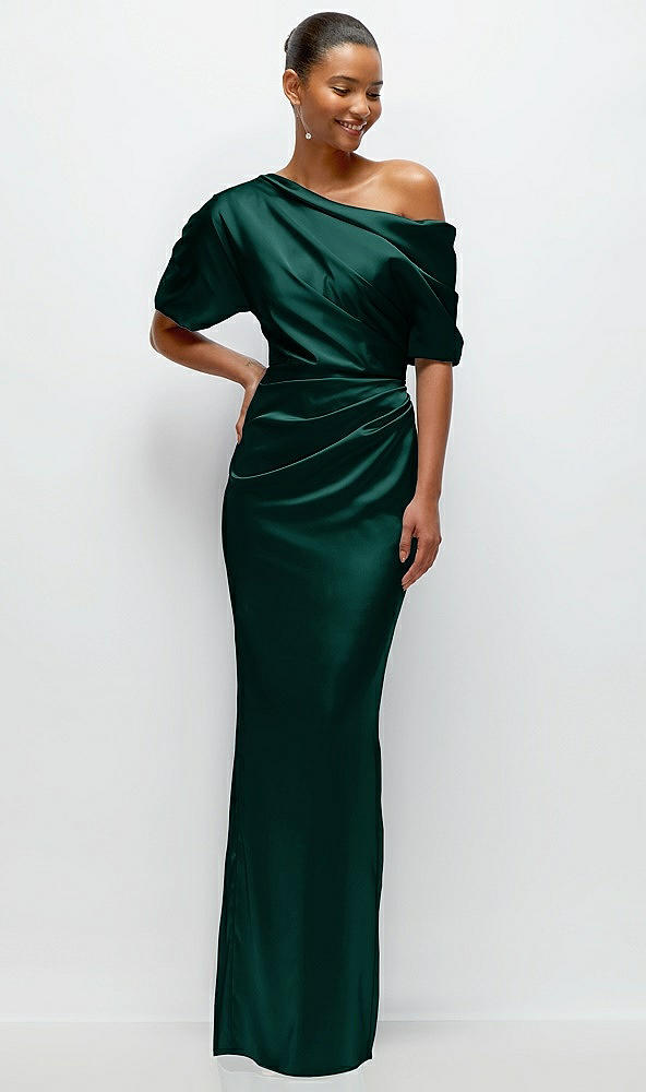 Front View - Evergreen Asymmetrical Off-the-Shoulder Pleated Satin Maxi Dress