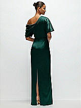 Rear View Thumbnail - Evergreen Asymmetrical Off-the-Shoulder Pleated Satin Maxi Dress